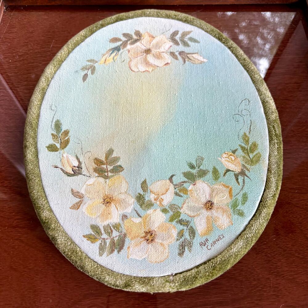 Vintage White Floral Canvas Painting Oval Frame Green Velvet Trim